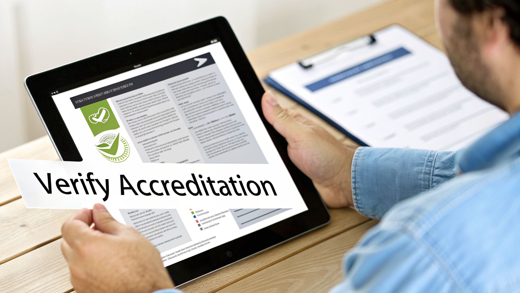 A person holds a tablet displaying content, with a paper overlay showing 'Verify Accreditation'.