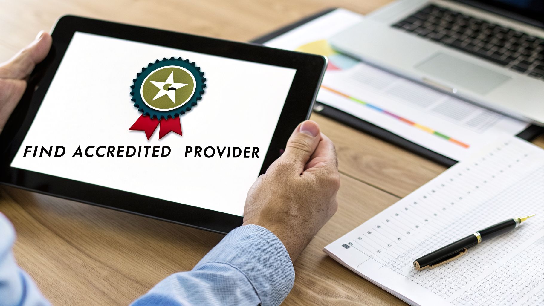 Hands hold a tablet displaying an accreditation badge and 'FIND ACCREDITED PROVIDER' on screen.