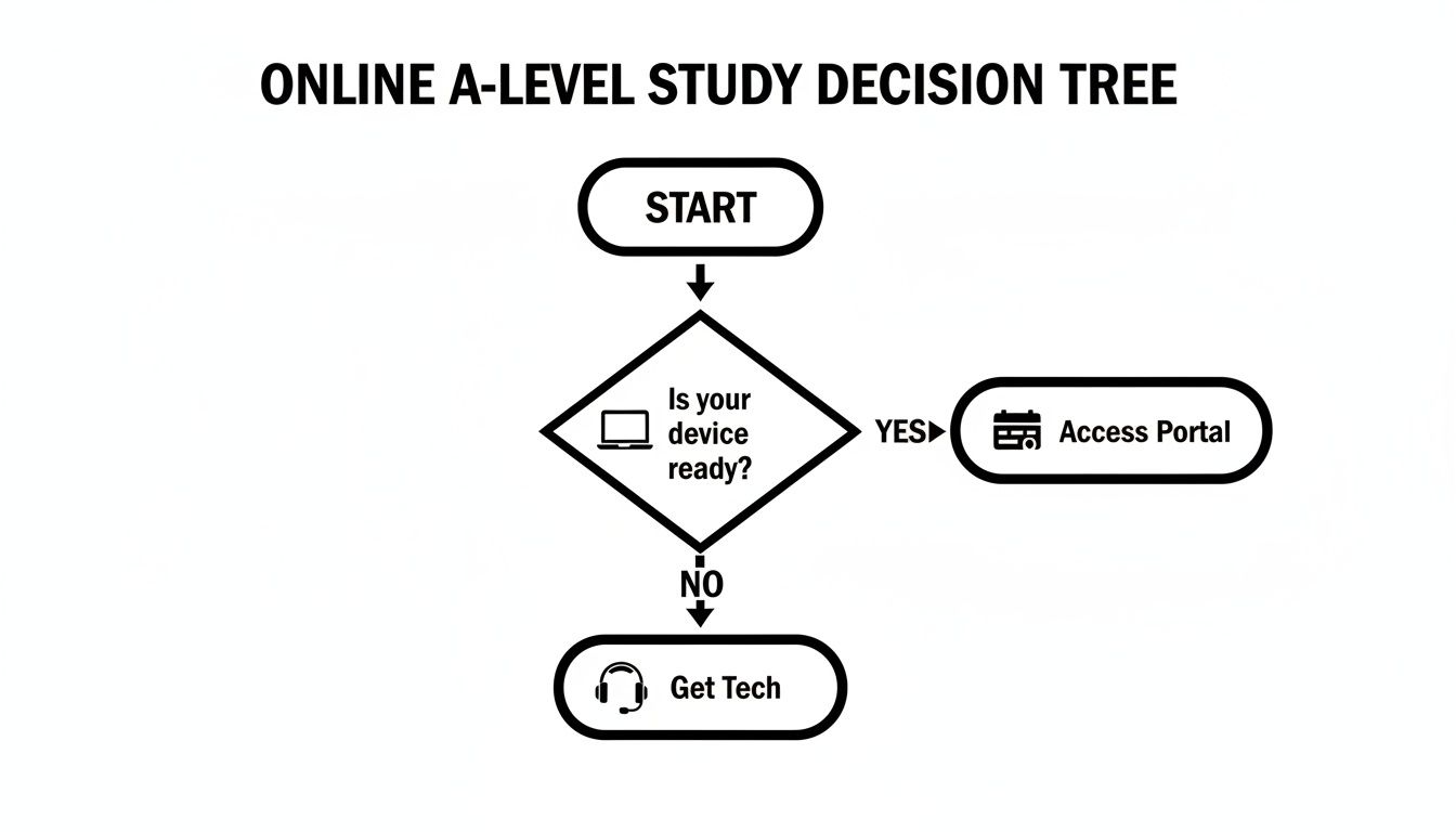 Flowchart for online A-level study, detailing steps from start to accessing the portal or getting tech.