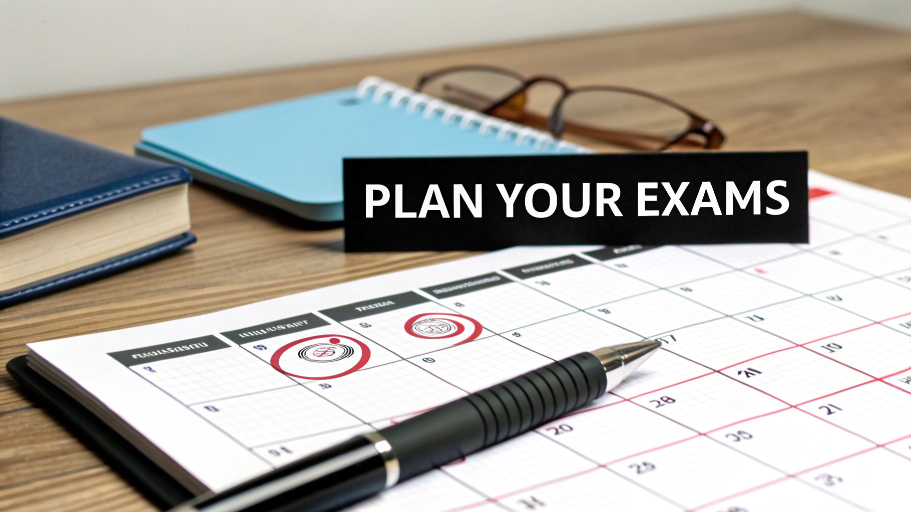 A calendar with 'PLAN YOUR EXAMS' sign, a pen, notebook, and glasses on a wooden desk.