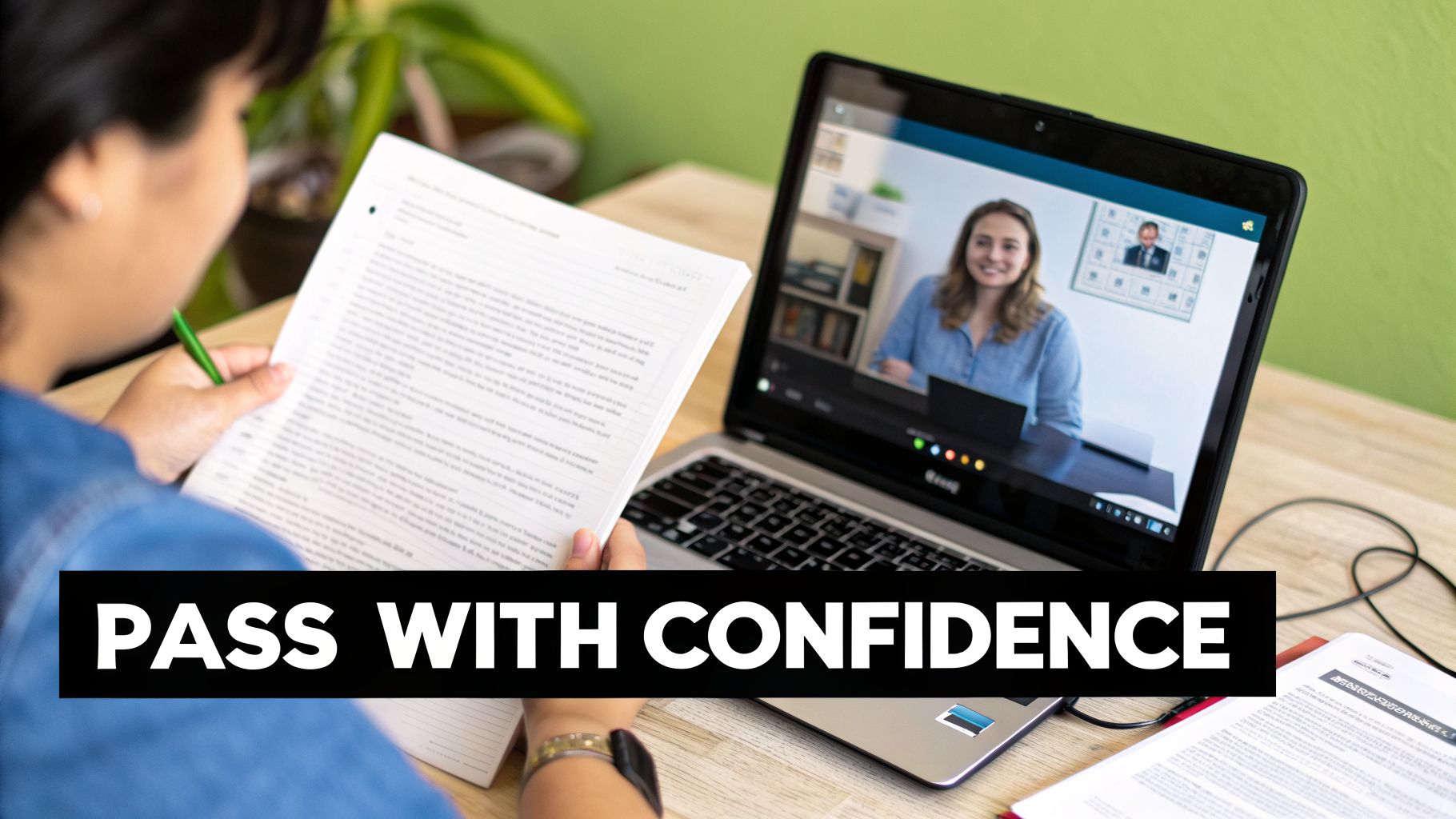 A student studies with notes and a laptop displaying an online video call with a tutor.